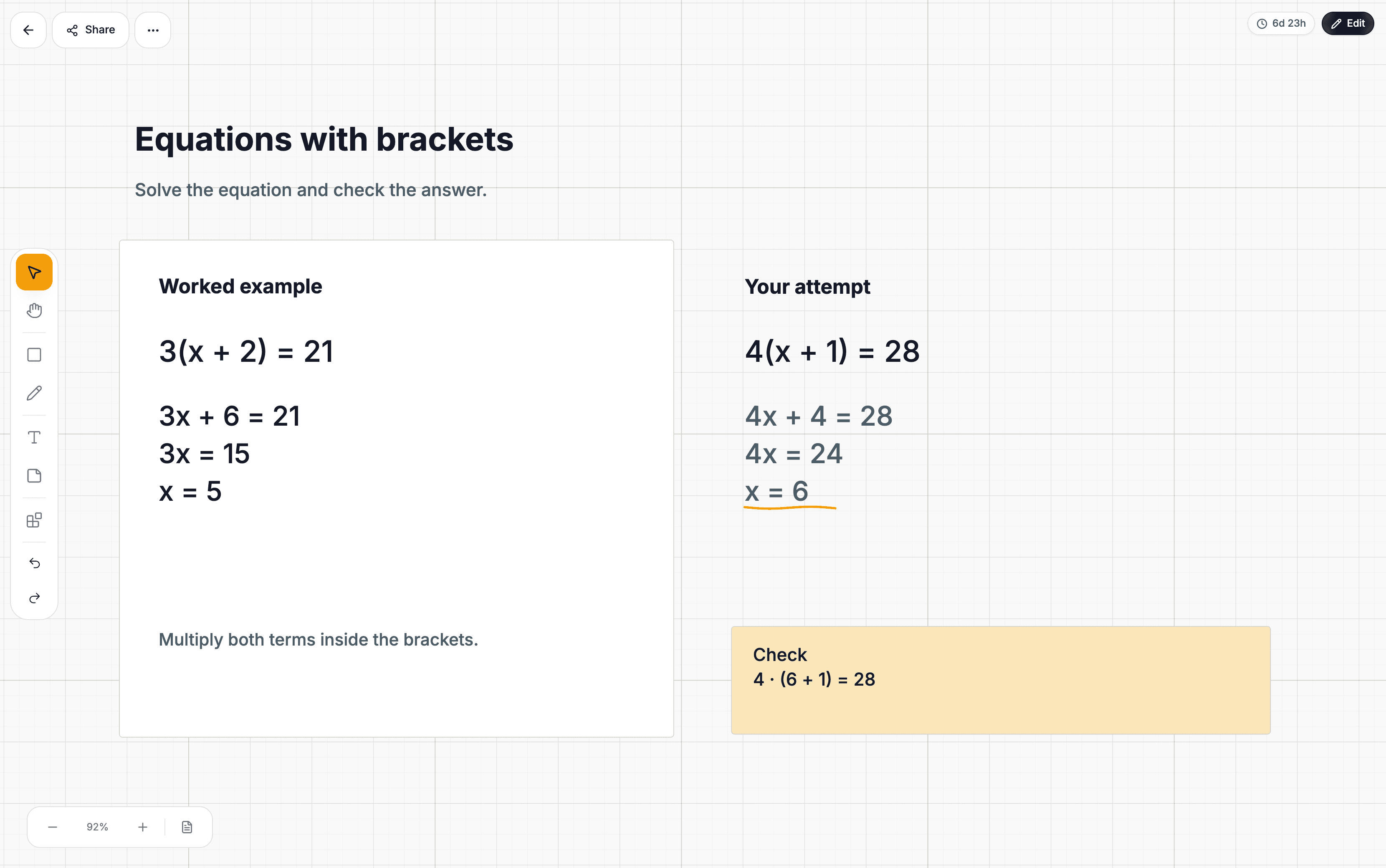 A Lucyboard with a worked equation and space for independent practice.