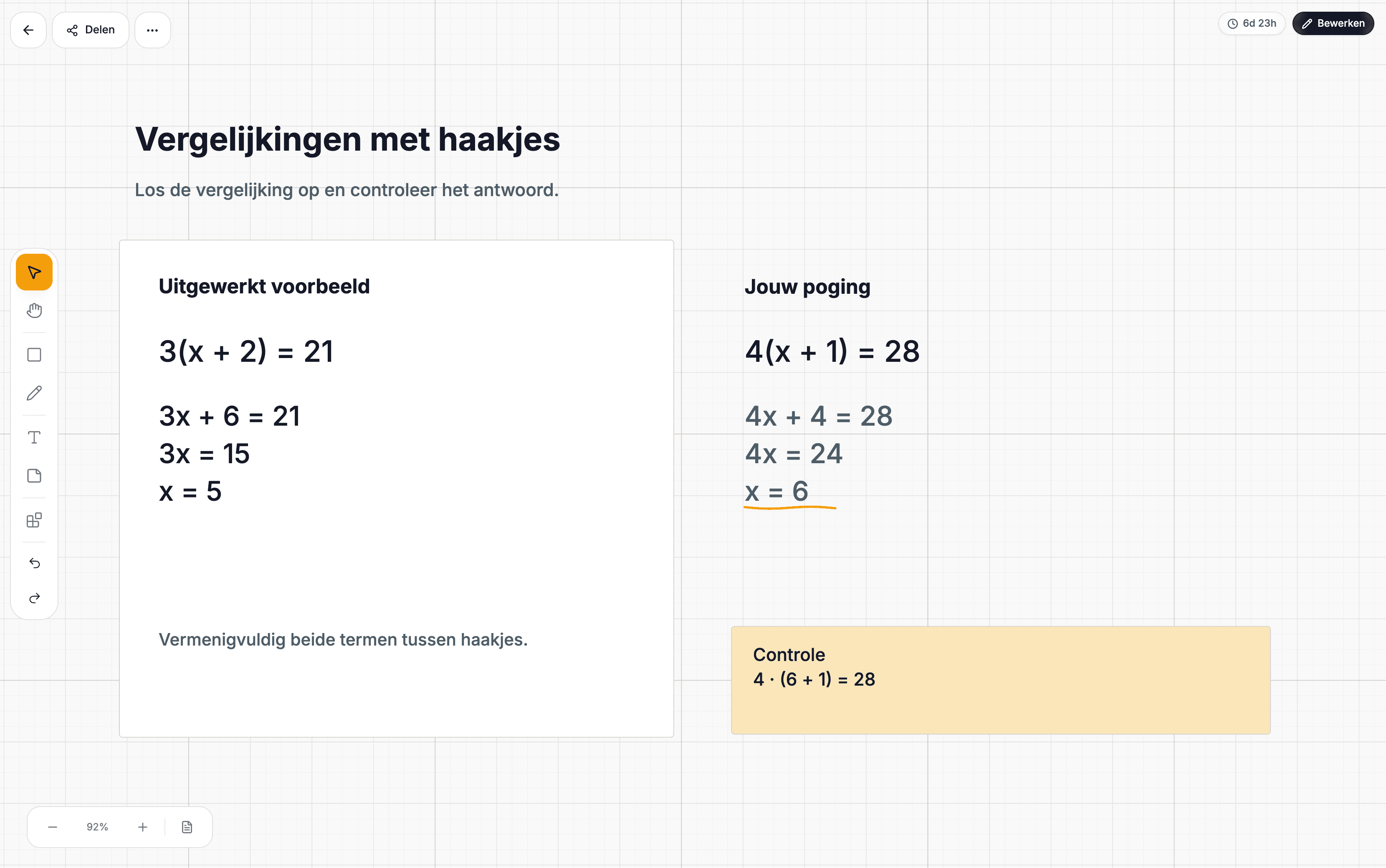 Een Lucyboard met een uitgewerkte vergelijking en ruimte om zelf te oefenen.
