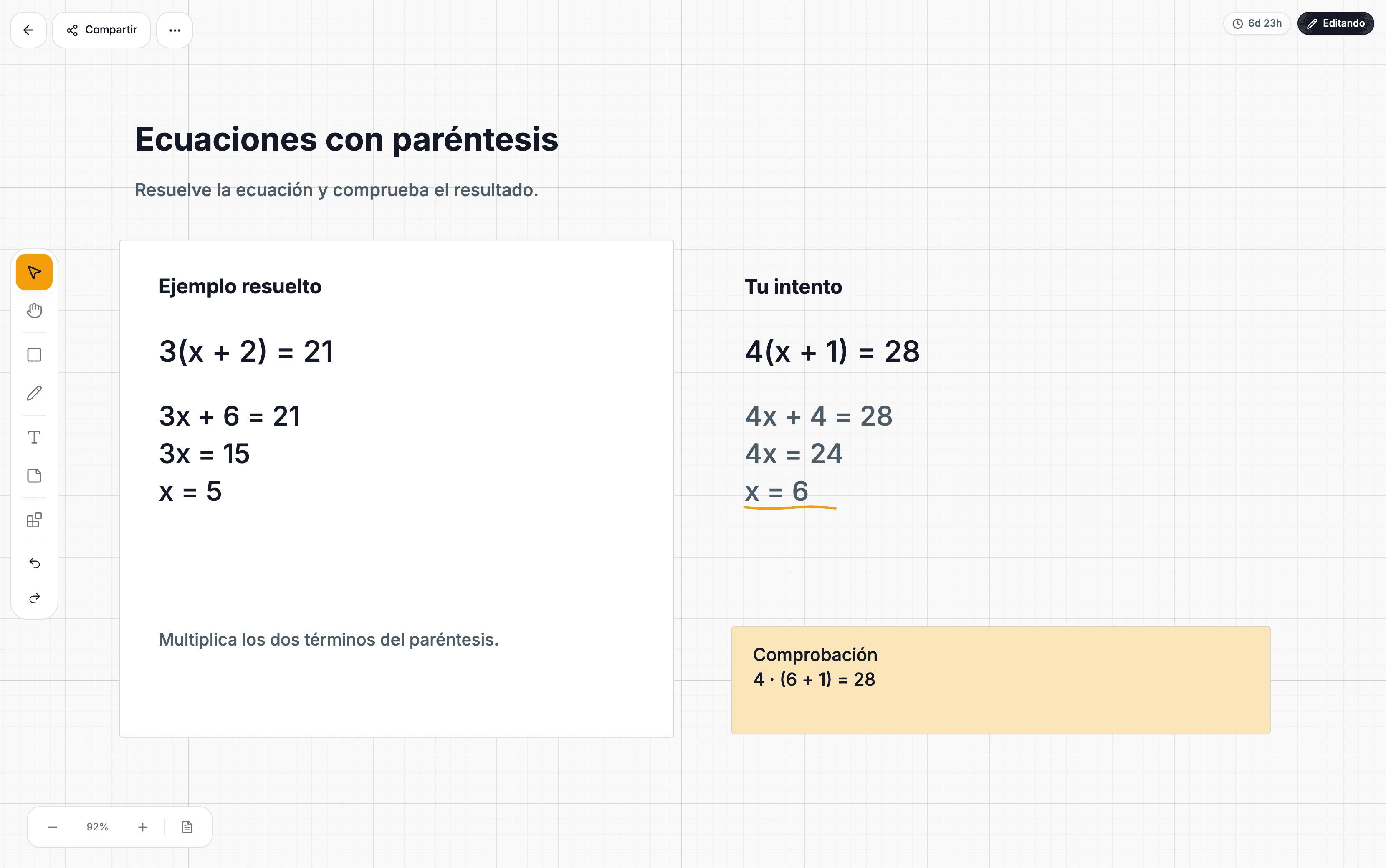 Una pizarra Lucyboard con una ecuación resuelta y espacio para trabajar solo.