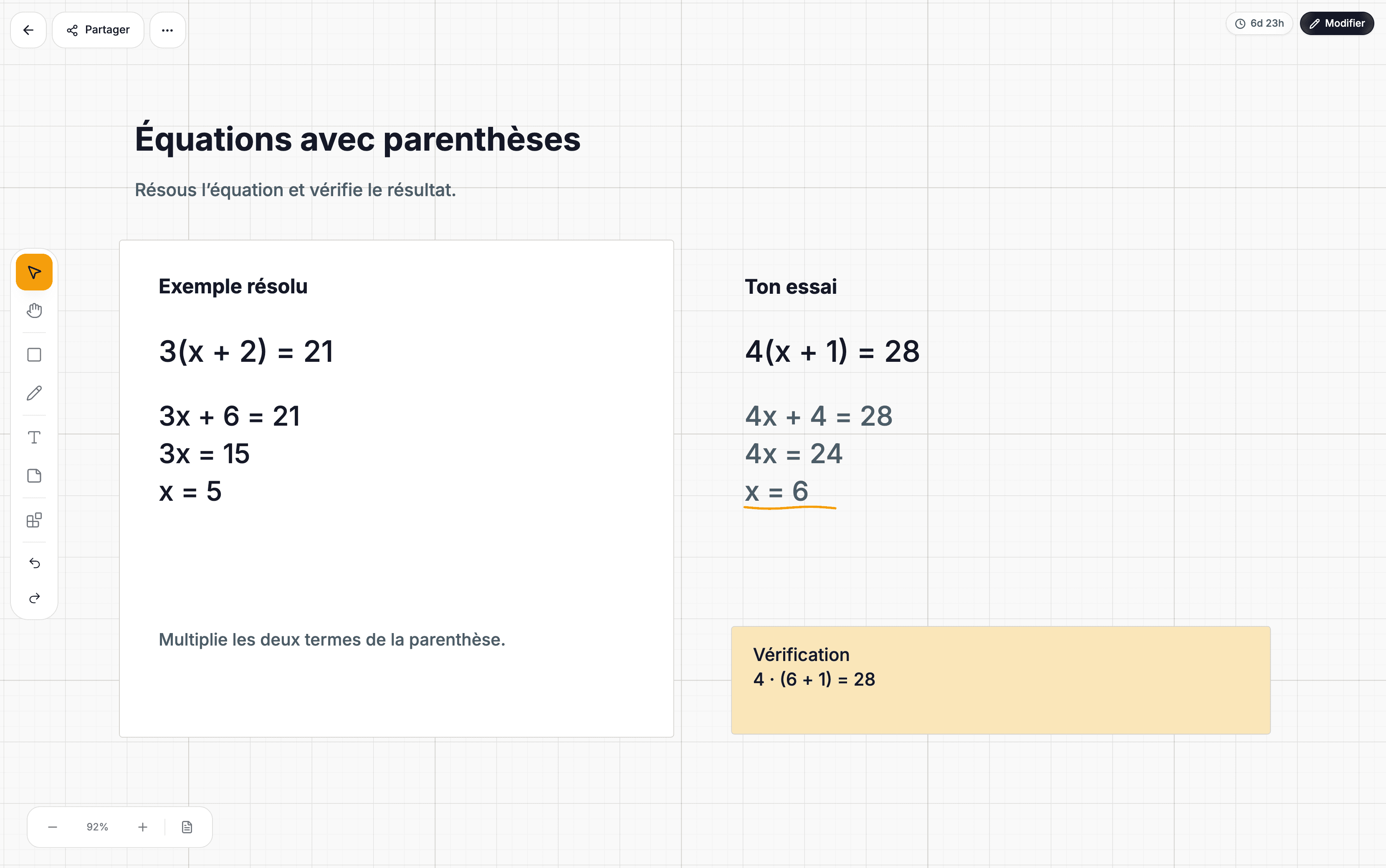 Un tableau Lucyboard avec une équation résolue et un espace pour travailler seul.