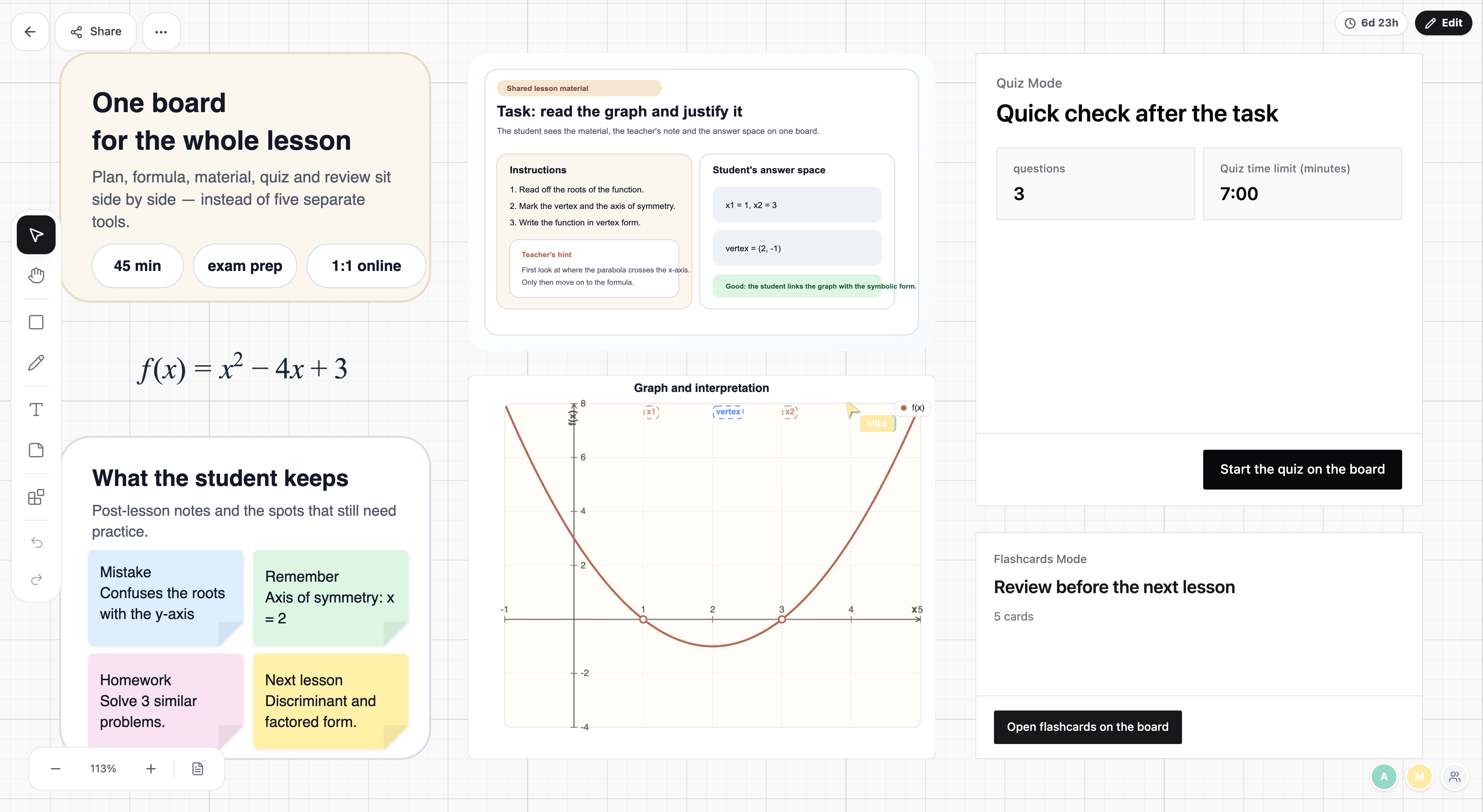 Lucyboard during an online lesson with lesson material, a chart, a quiz and flashcards on one board.